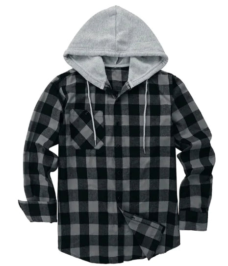 Men's Loose Hooded Plaid Long Sleeve Shirt Jacket