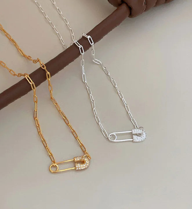 Silver Gold Chain Necklace with Pendant and Diamonds