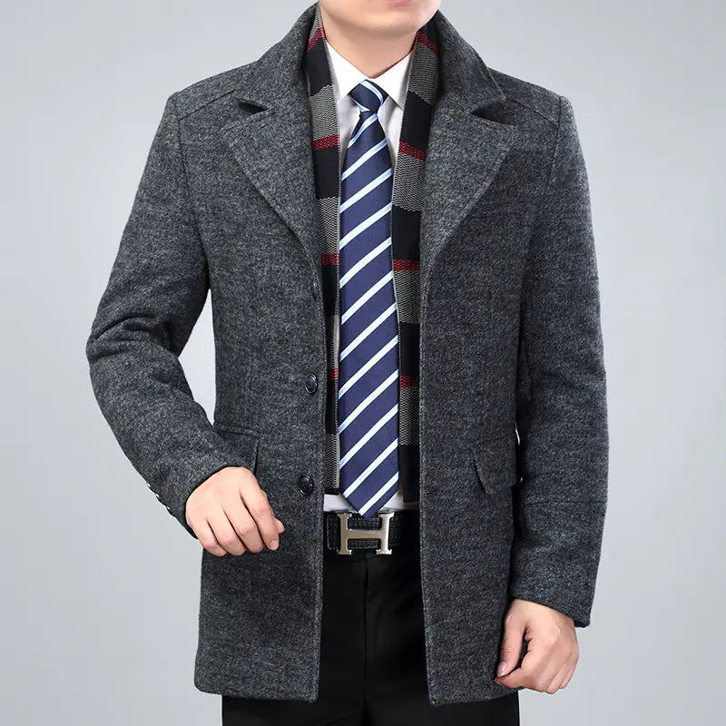Men's Wool Blend Overcoat with Suit Collar (Mid-Length)