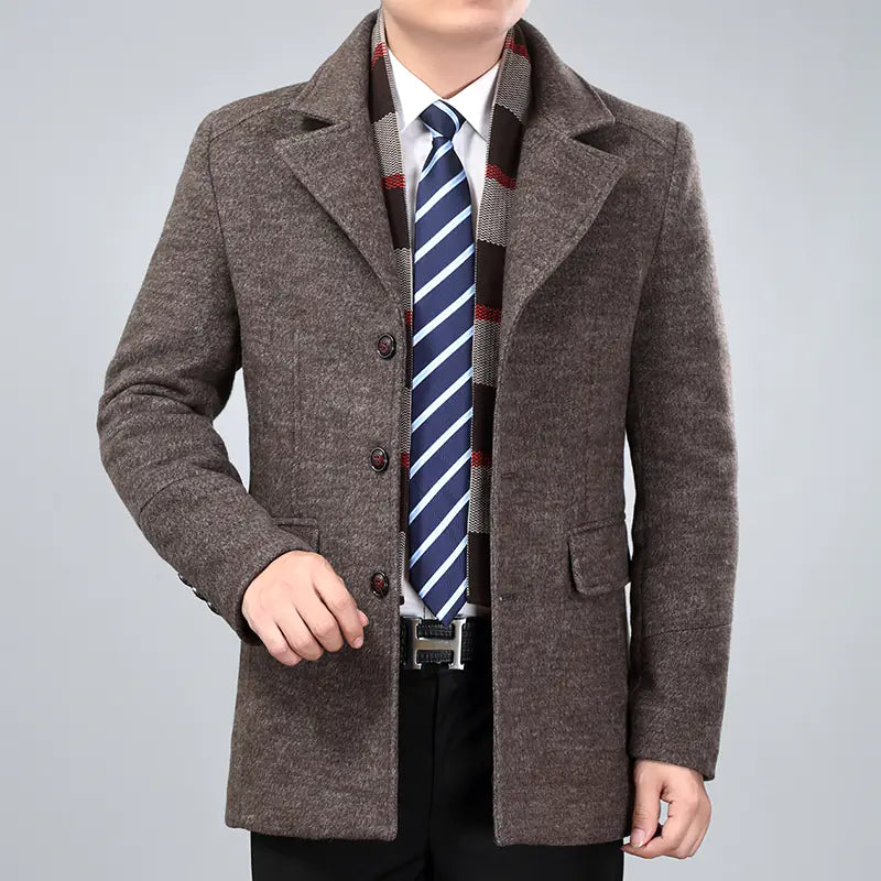 Men's Wool Blend Overcoat with Suit Collar (Mid-Length)