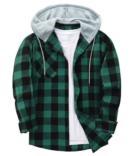 Men's Loose Hooded Plaid Long Sleeve Shirt Jacket