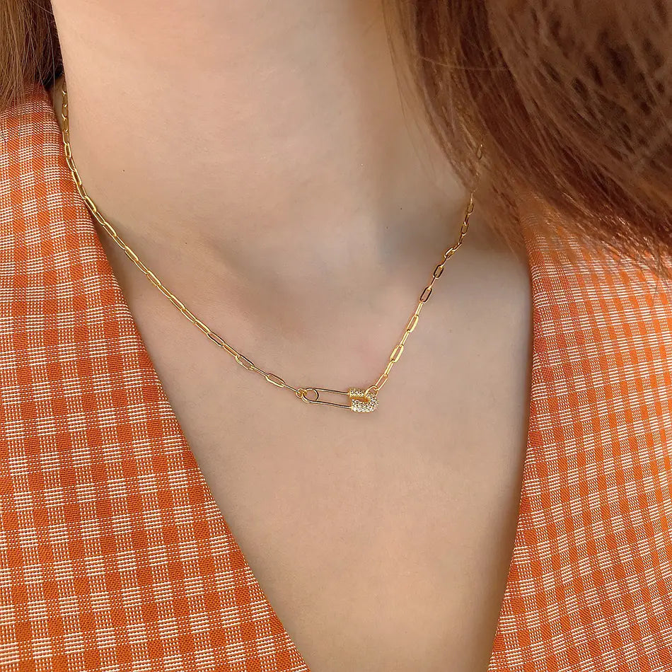 Silver Gold Chain Necklace with Pendant and Diamonds