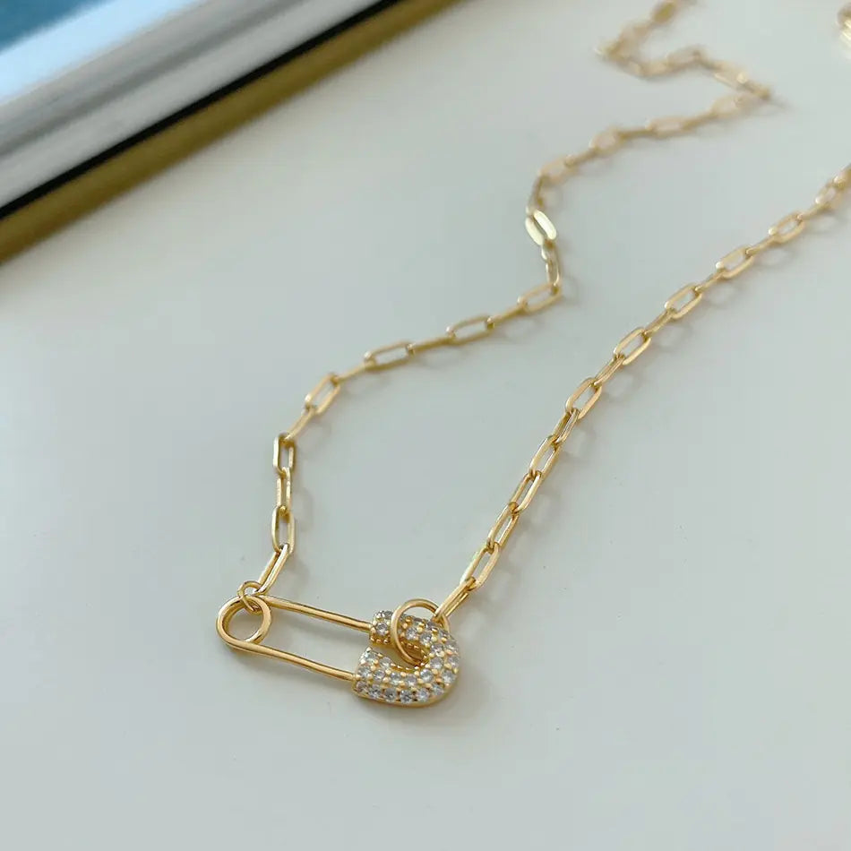 Silver Gold Chain Necklace with Pendant and Diamonds