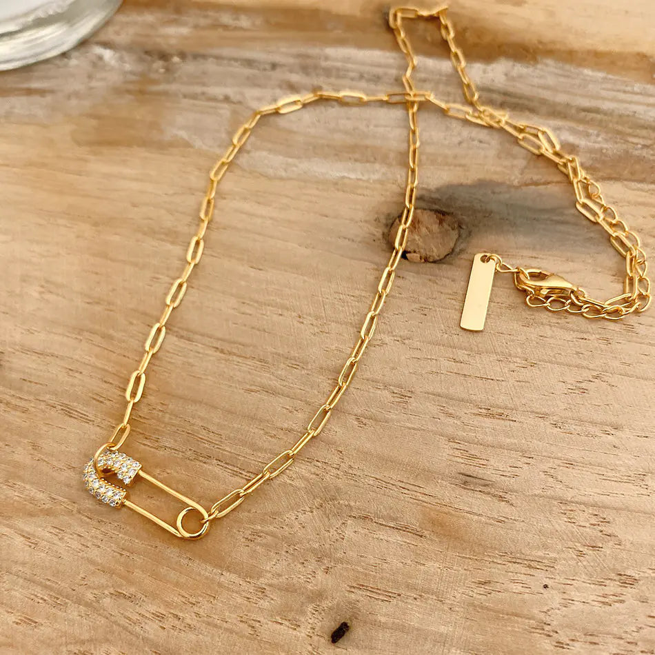 Silver Gold Chain Necklace with Pendant and Diamonds